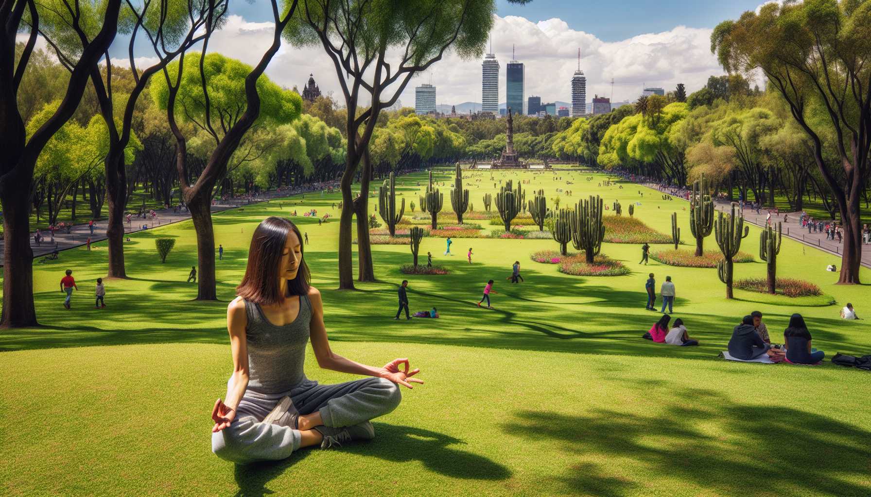 A person meditating in a park in Mexico City