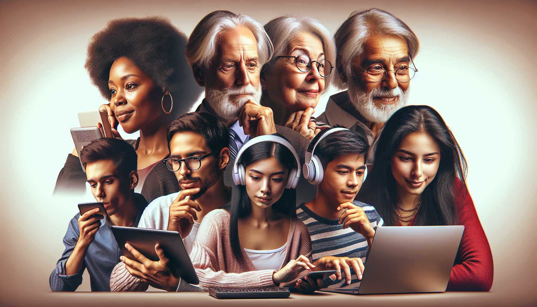 A diverse group of South Africans of different ages and backgrounds learning online on various devices.