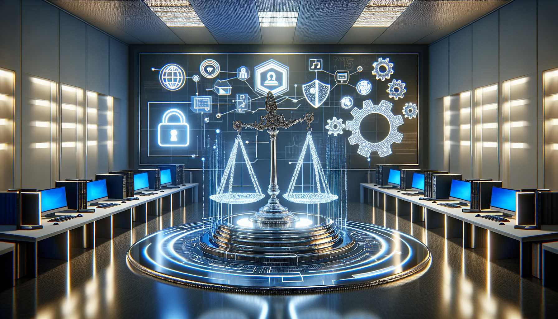 A courtroom with technology and legal symbols representing GDPR and AI compliance.