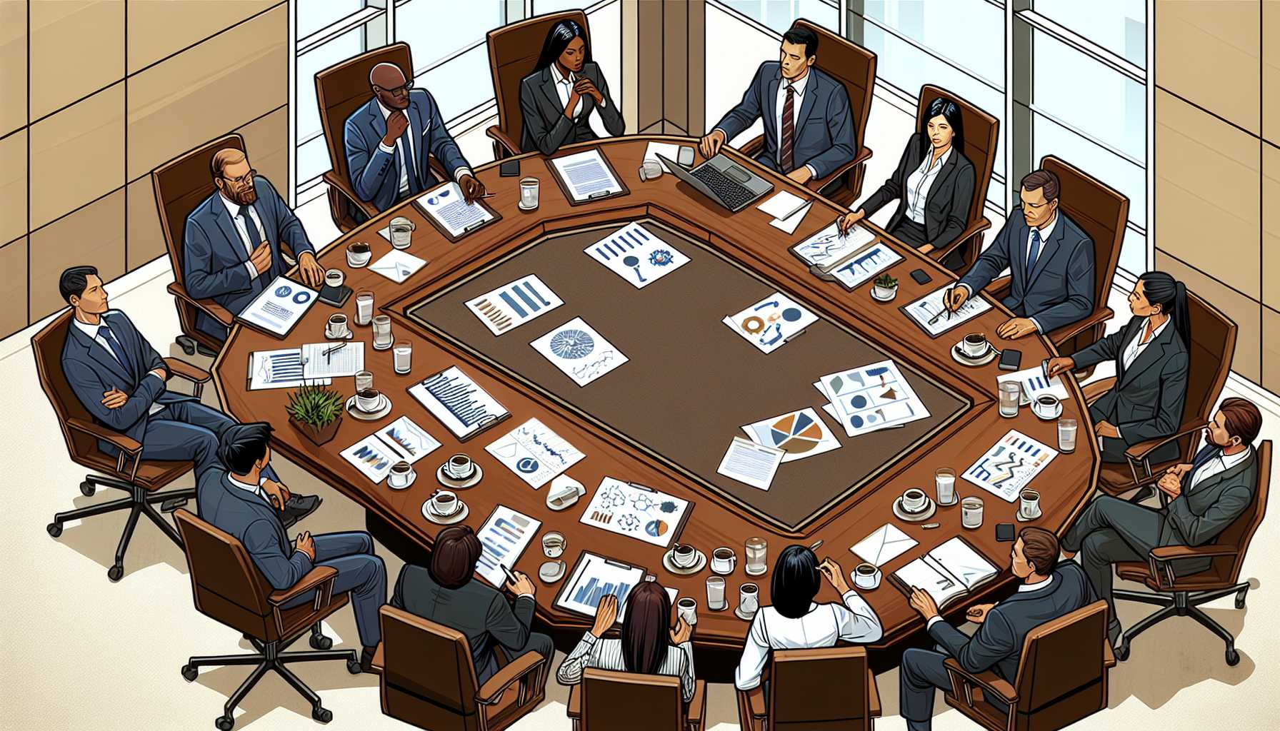 A corporate office scene depicting executive changes and boardroom discussions.