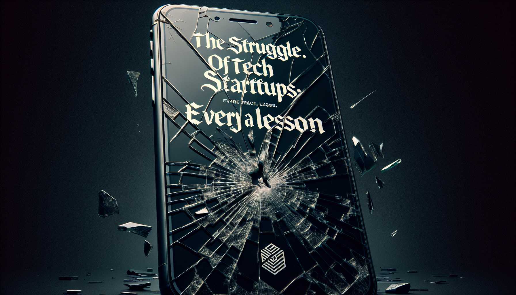 A smartphone with a shattered screen and a tagline showcasing the struggle of tech startups.