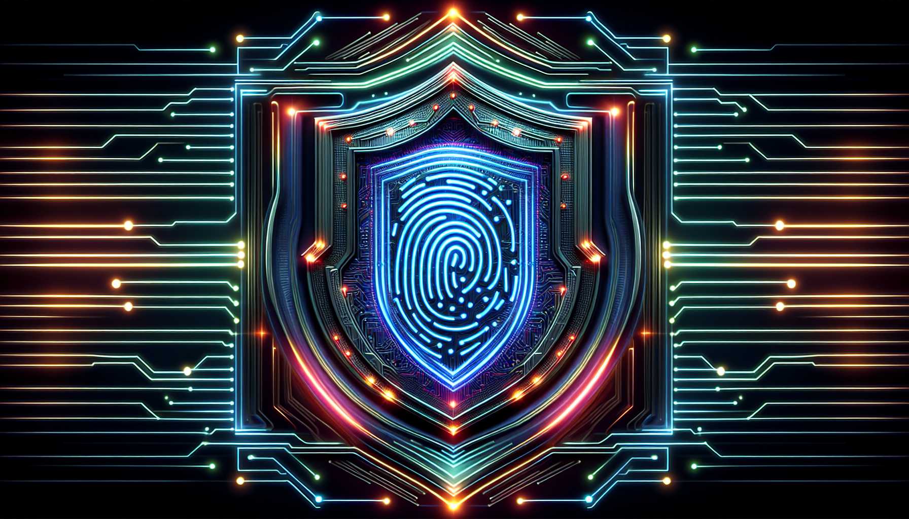 A digital fingerprint symbol with an image of a shield to signify online protection.