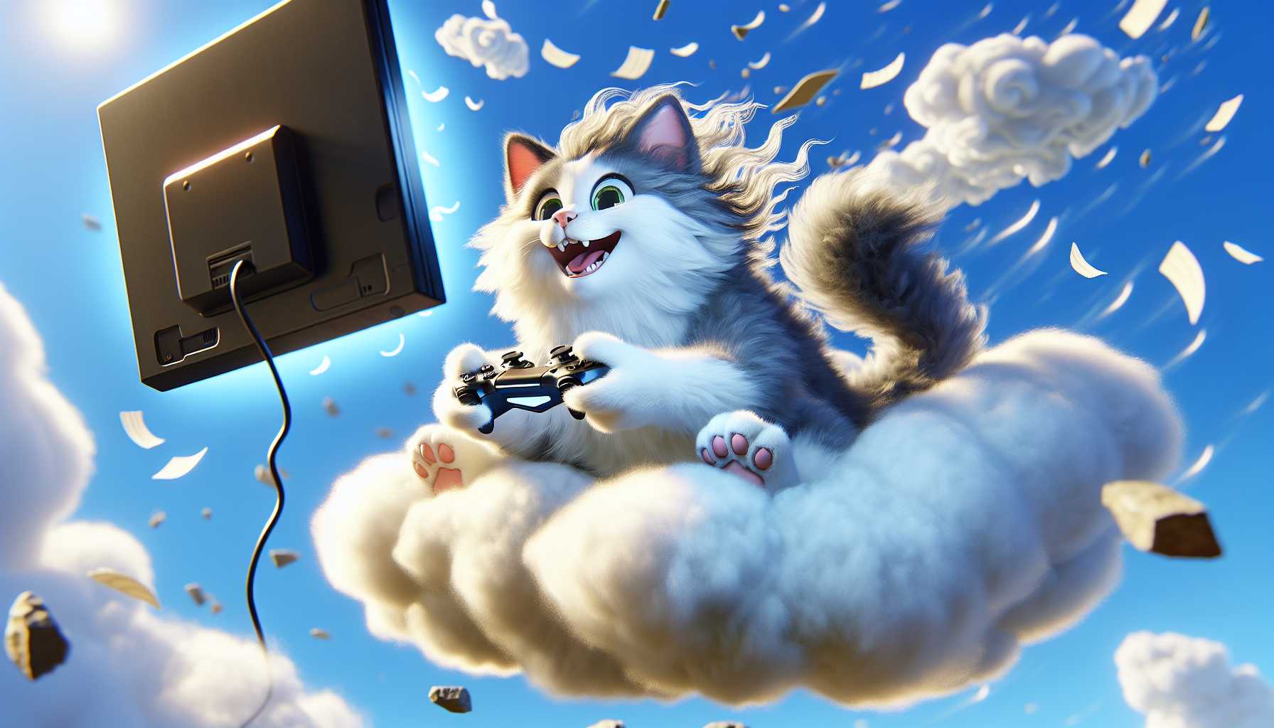 A happy cat playing video games on a cloud