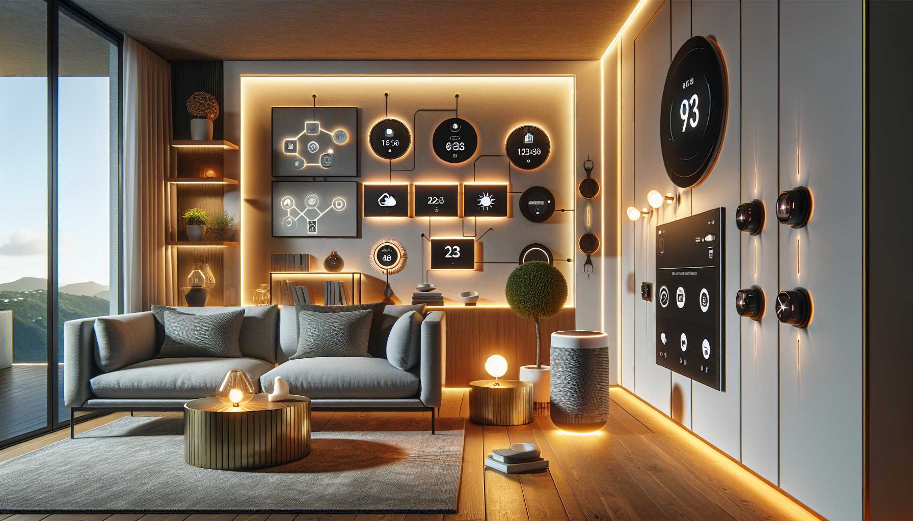 A modern living room in Saint Barthélemy with various smart home devices, such as smart speakers, smart lights, and a smart thermostat.