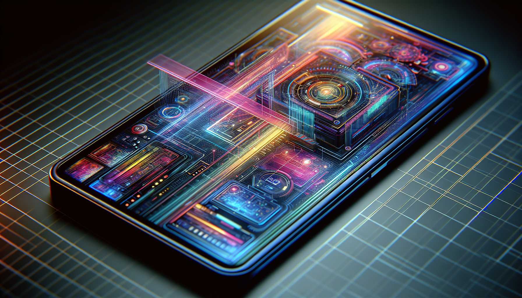 A close-up of a futuristic smartphone screen with edge-to-edge display.