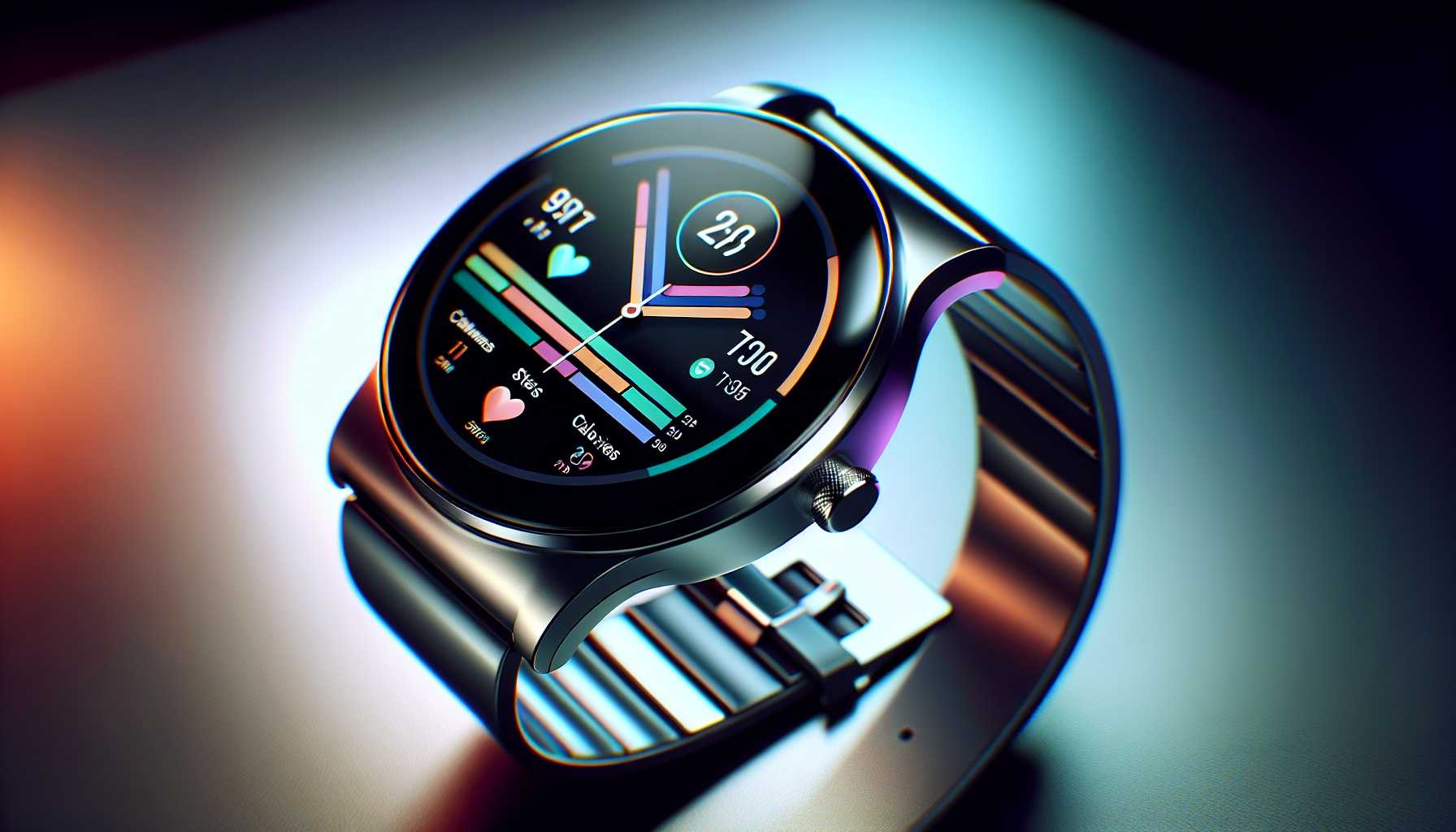 Sleek modern smartwatch with health tracking features displayed.