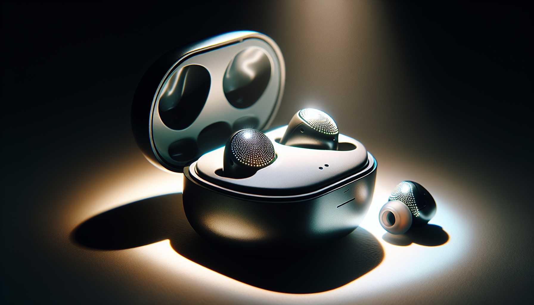 Wireless earbuds with a glowing charging case.