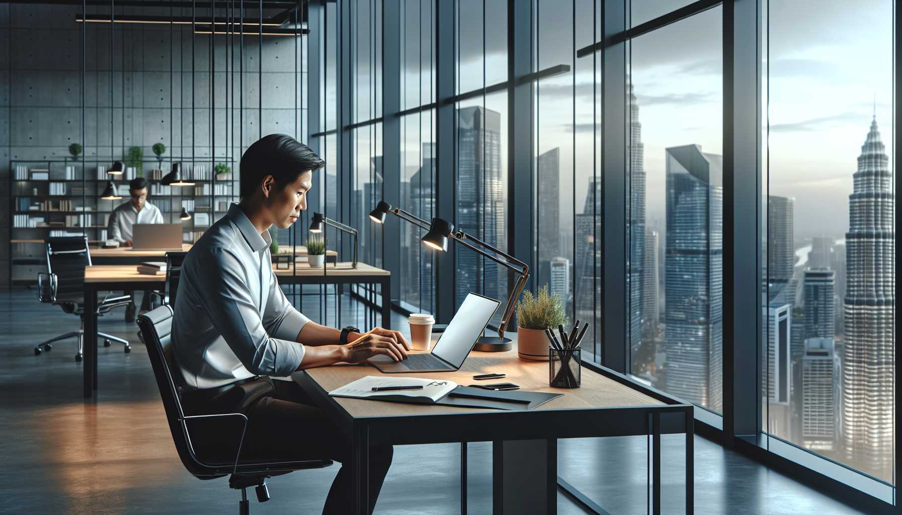 Person working on a laptop in a modern office