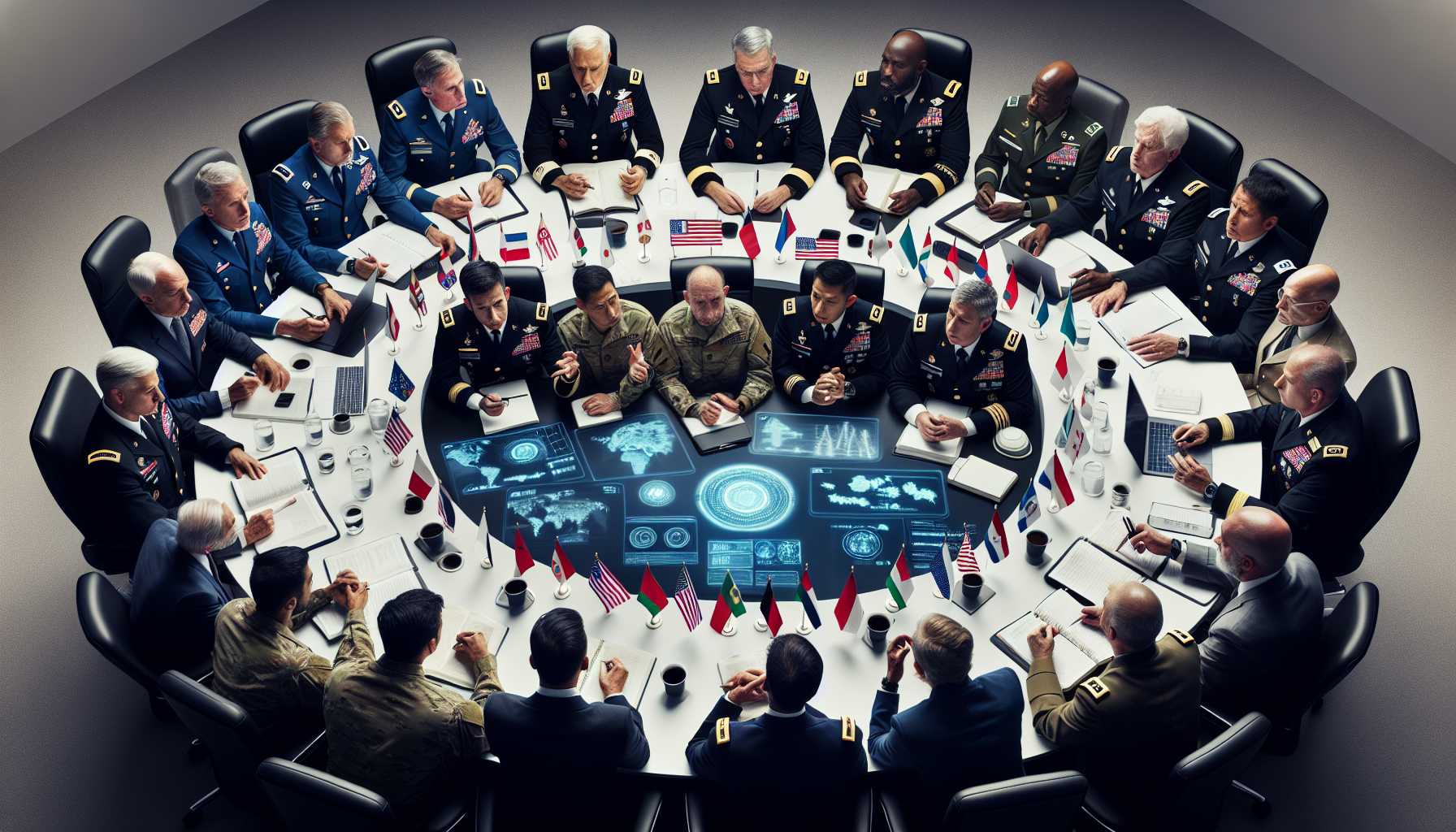 An international summit with military officials discussing AI ethics and applications in warfare