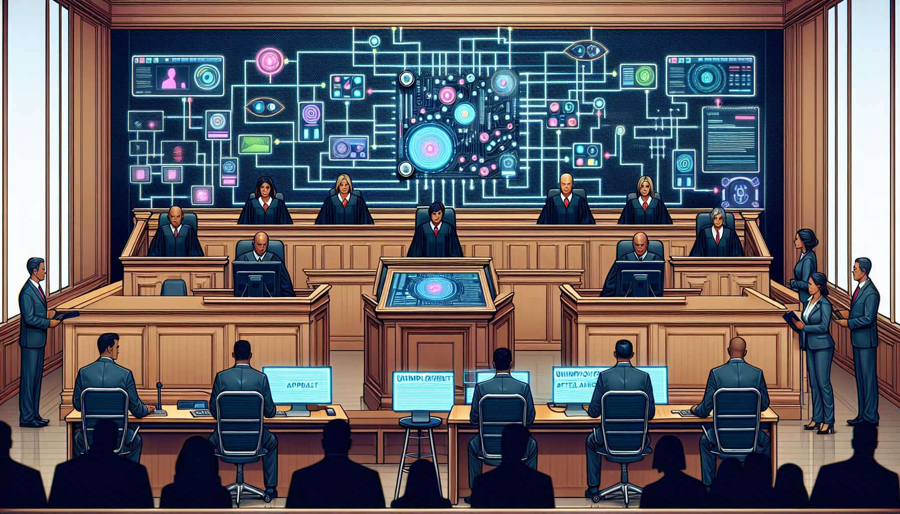 A hearing room setting with AI system analyzing transcripts for unemployment appeals