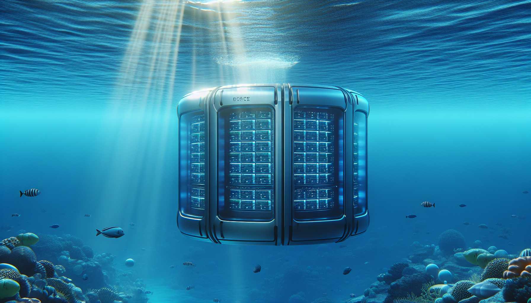 An underwater data center encapsulated in a high-tech shell, submerged in the ocean