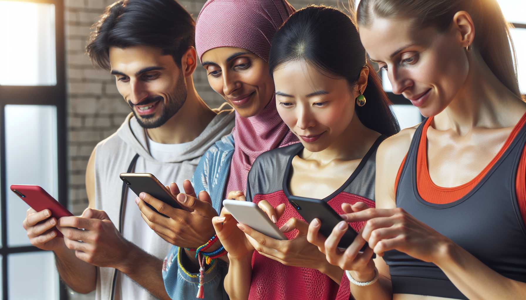 A group of people using a fitness app on their phones to book classes