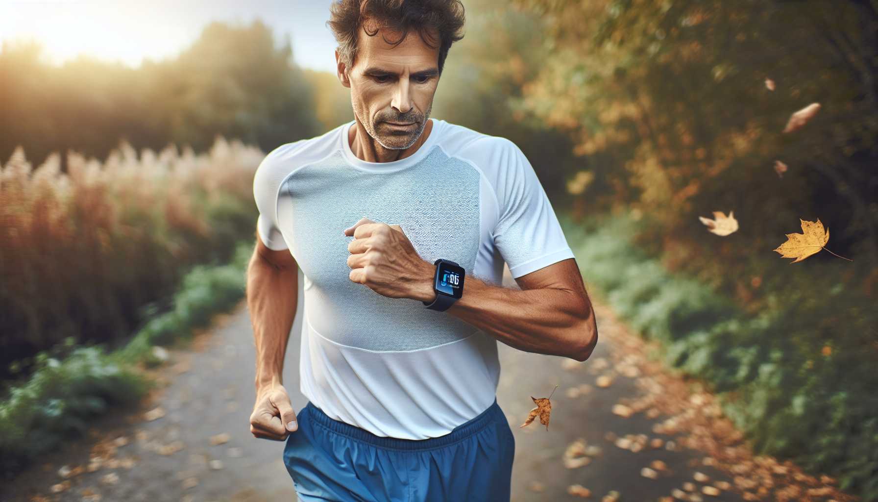 A person wearing a smartwatch while exercising outdoors.