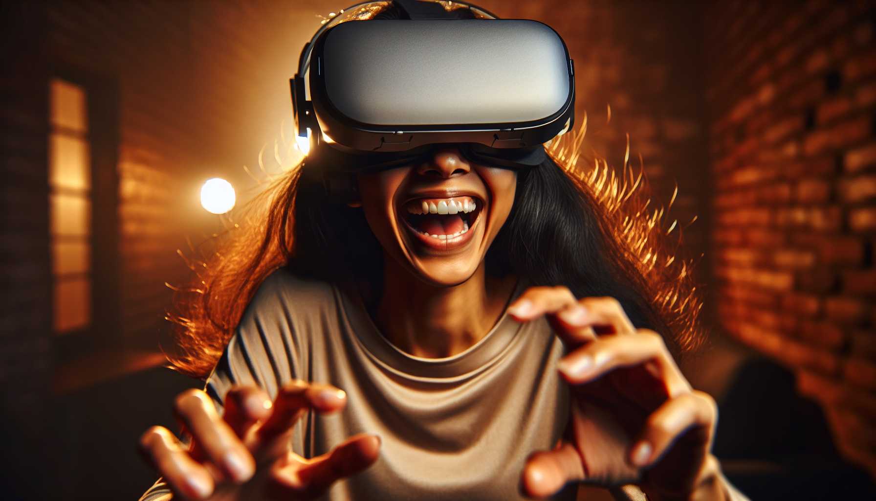 A person wearing a VR headset and smiling.