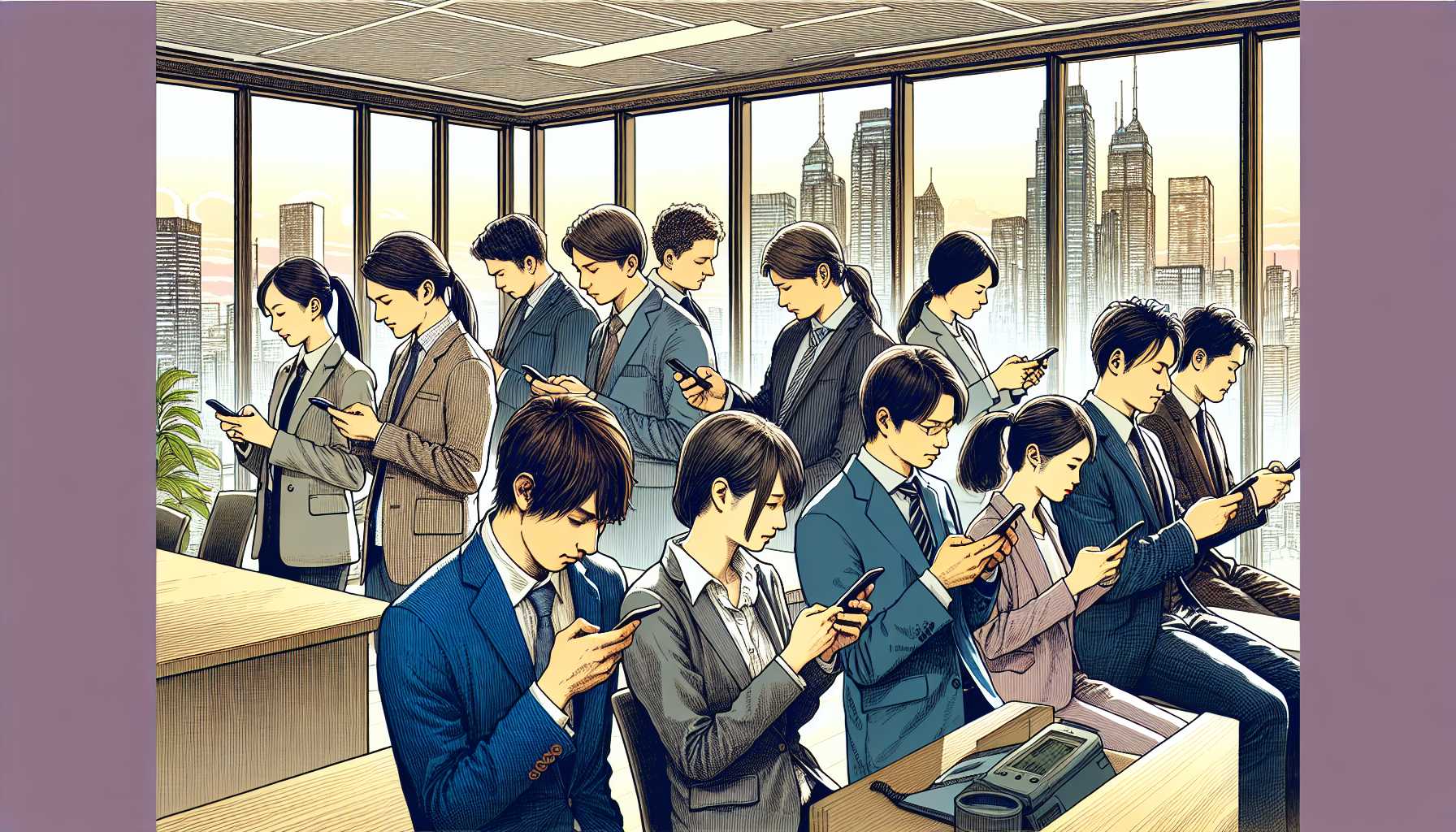 A group of Japanese business people using social media on their smartphones