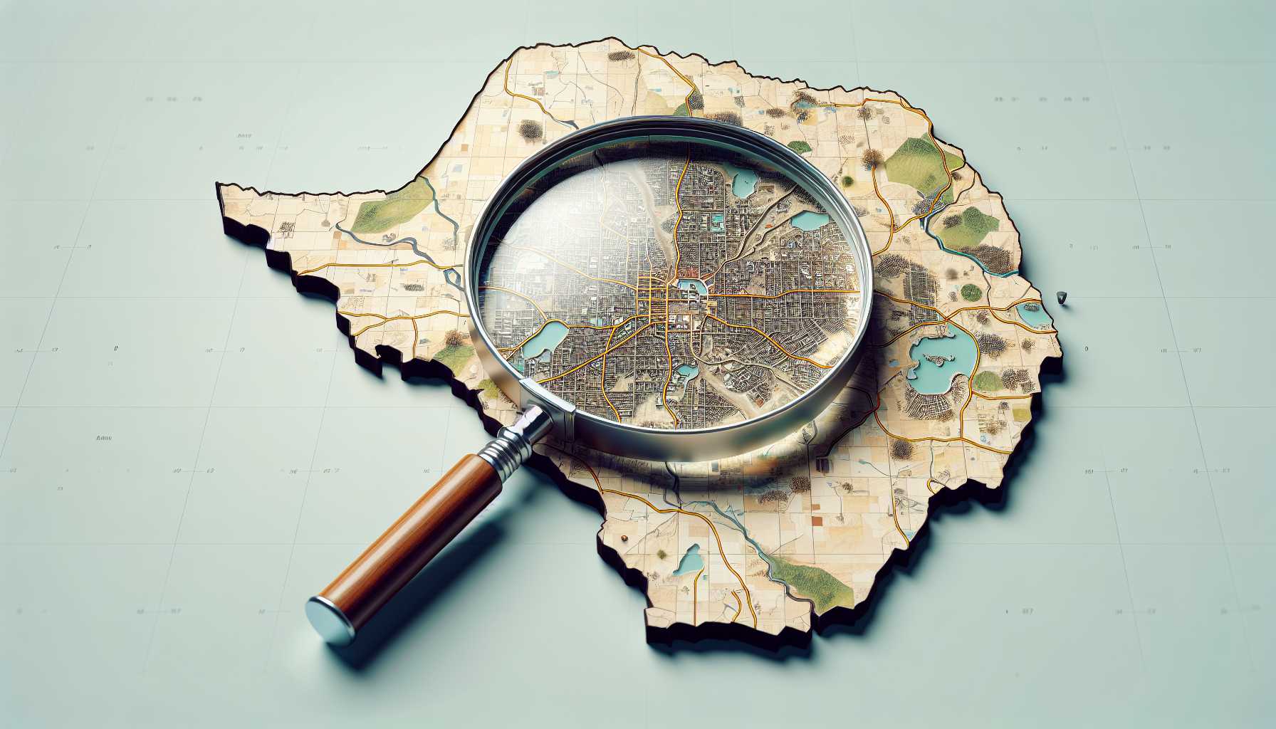 A map of Zimbabwe with a magnifying glass focusing on urban areas