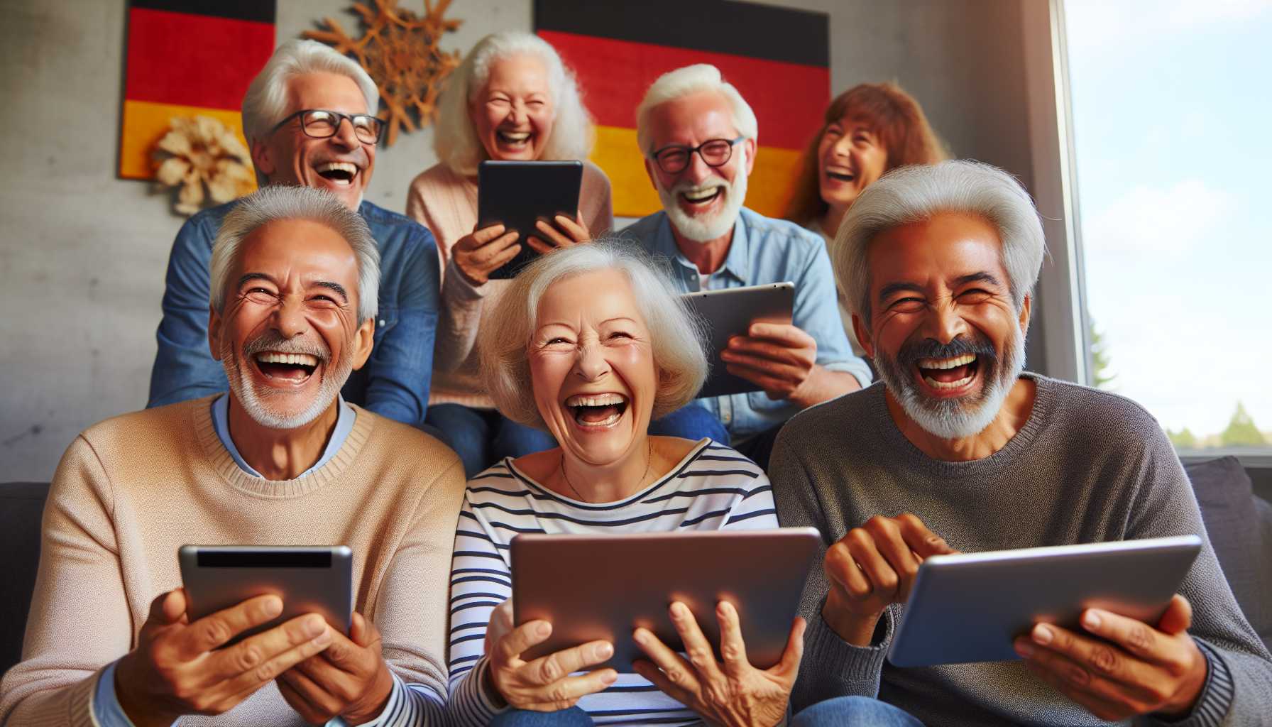 A group of senior citizens in Germany laughing and having fun while using their tablets.