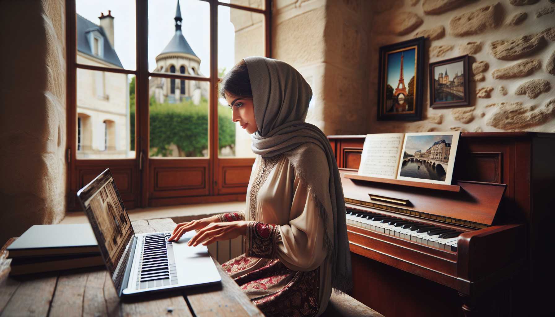 A person in France learning a musical instrument online