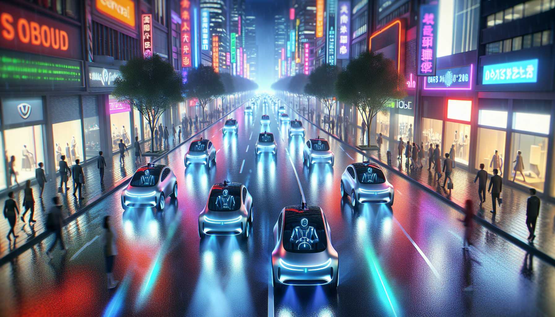 a fleet of autonomous vehicles driving on a city road