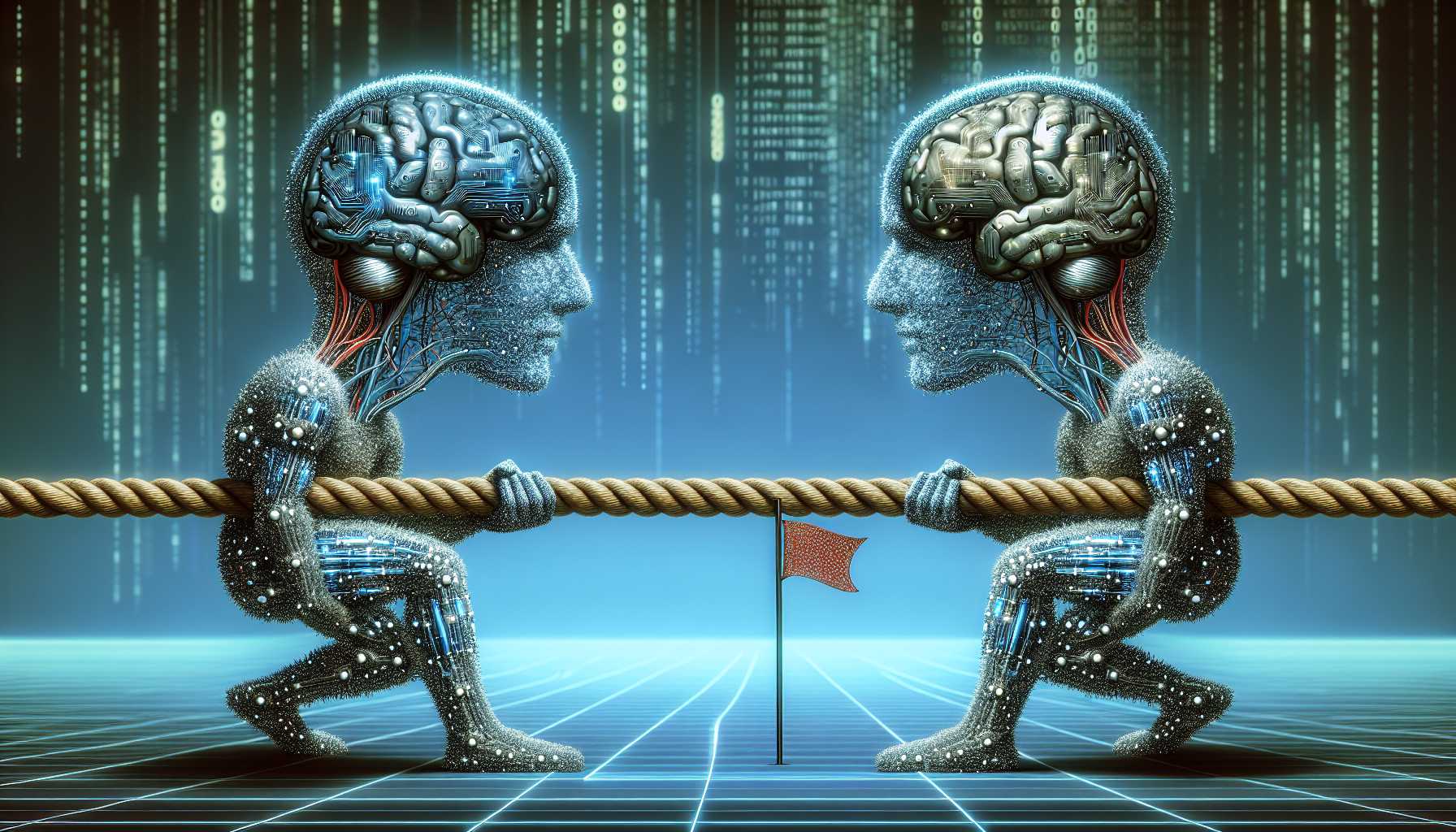 a digital illustration of AI brains in a tug of war