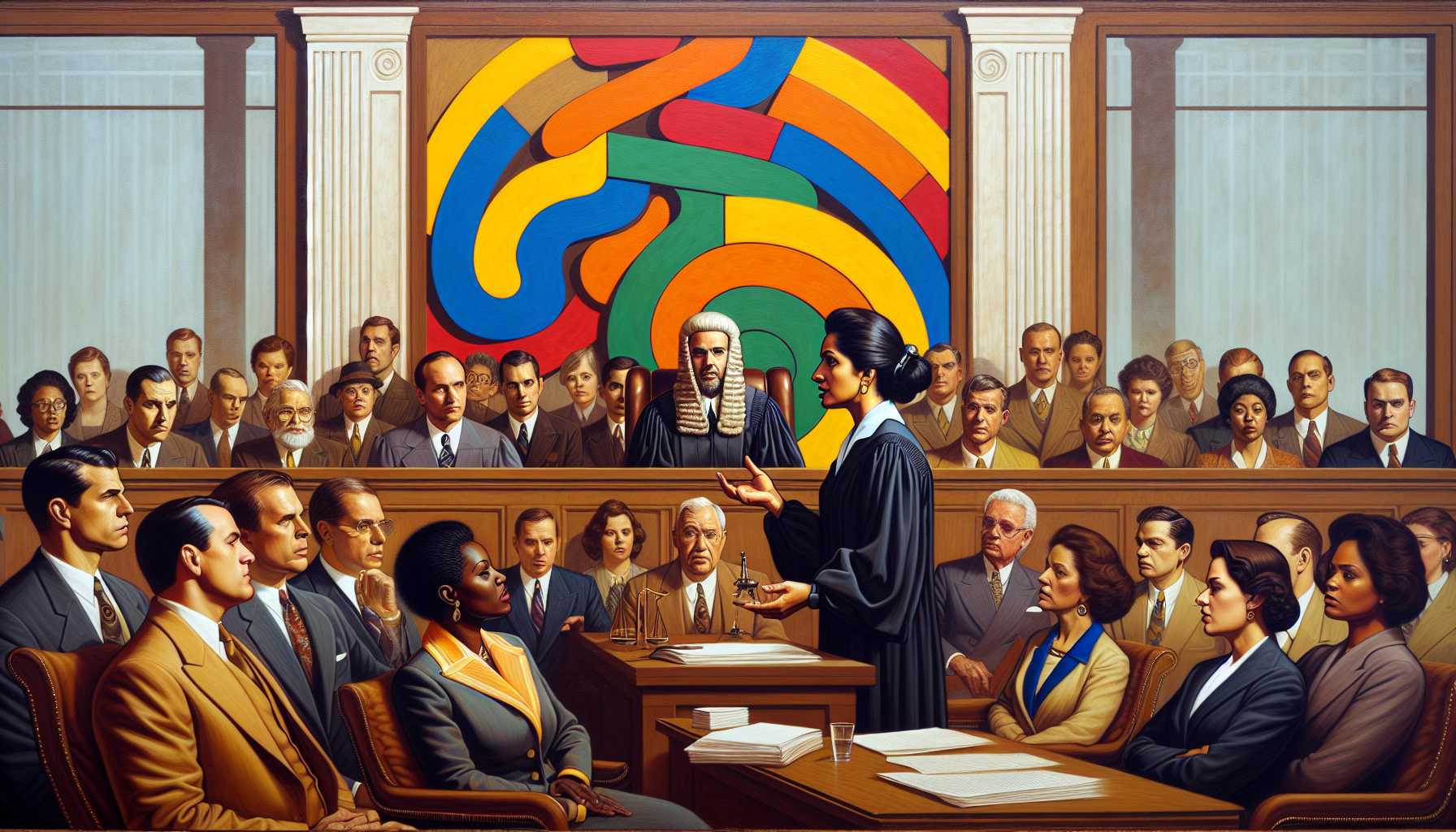 courtroom scene with Google logo in the background