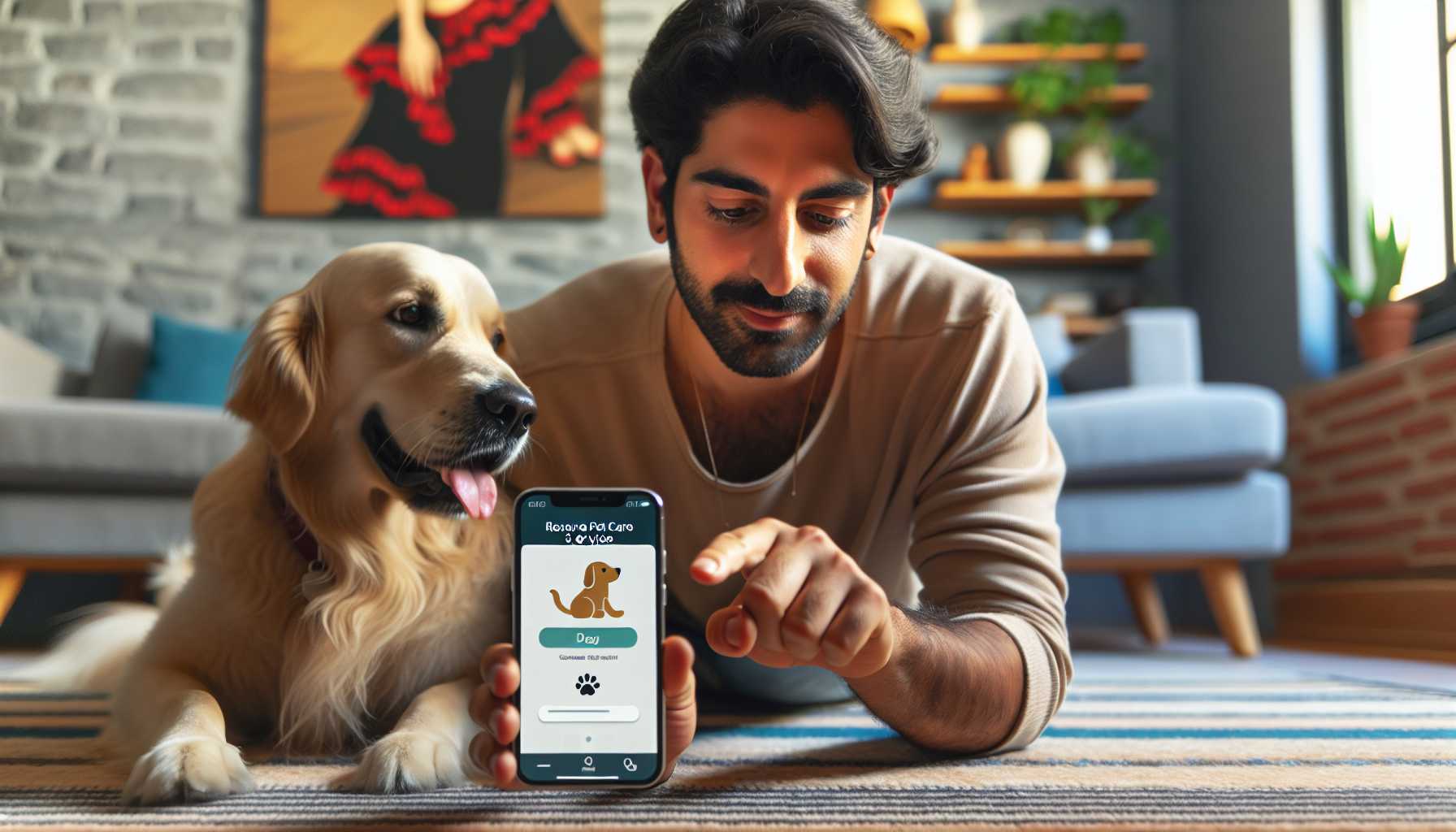 A dog owner using a mobile app to book a pet care service in Spain