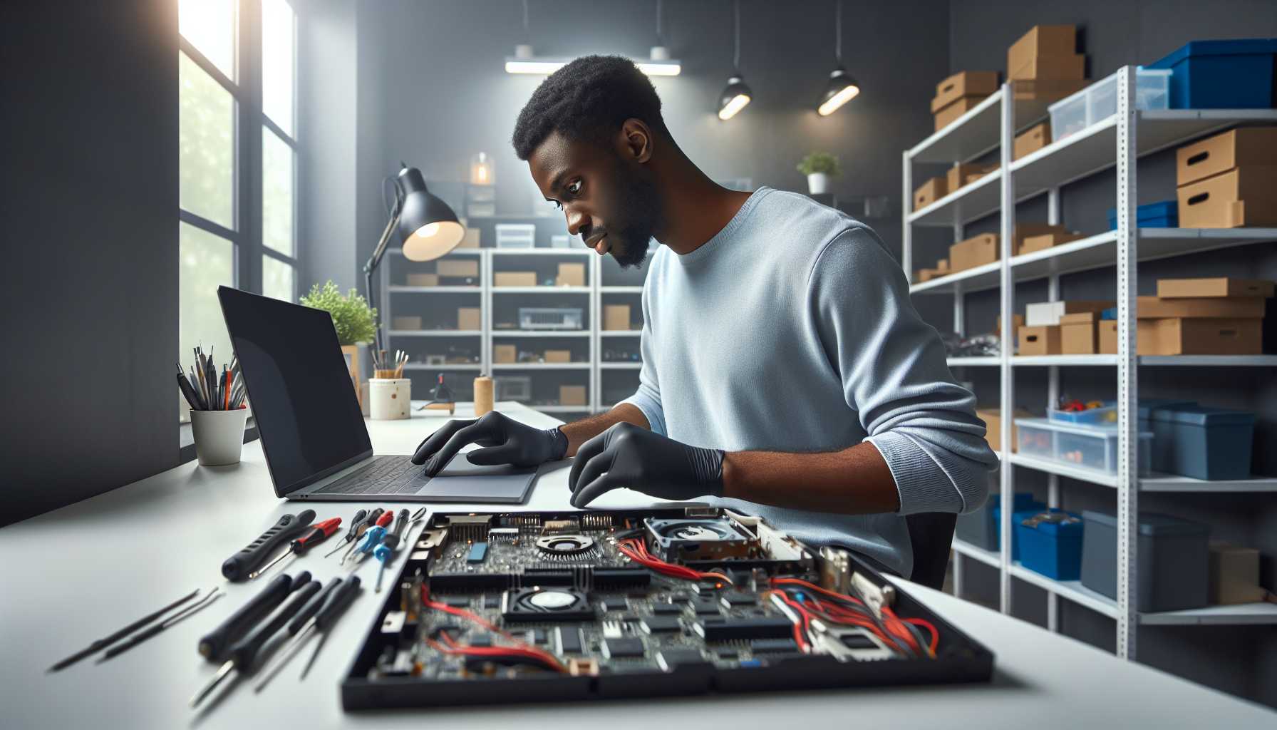 A technician repairing a laptop in a clean and well-lit environment.