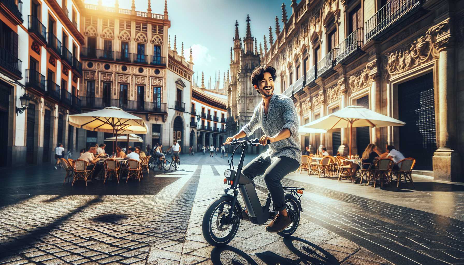 A person riding an electric bike through a city street in Spain