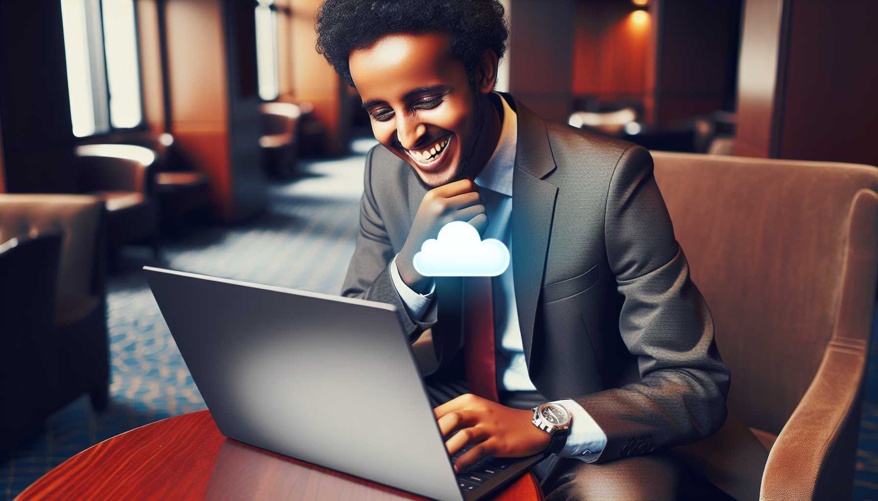 A business owner in Somalia smiling while using a laptop with a cloud symbol on the screen.