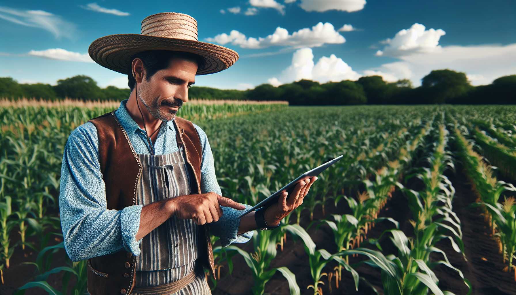 A farmer in Mexico using a tablet to monitor crop health