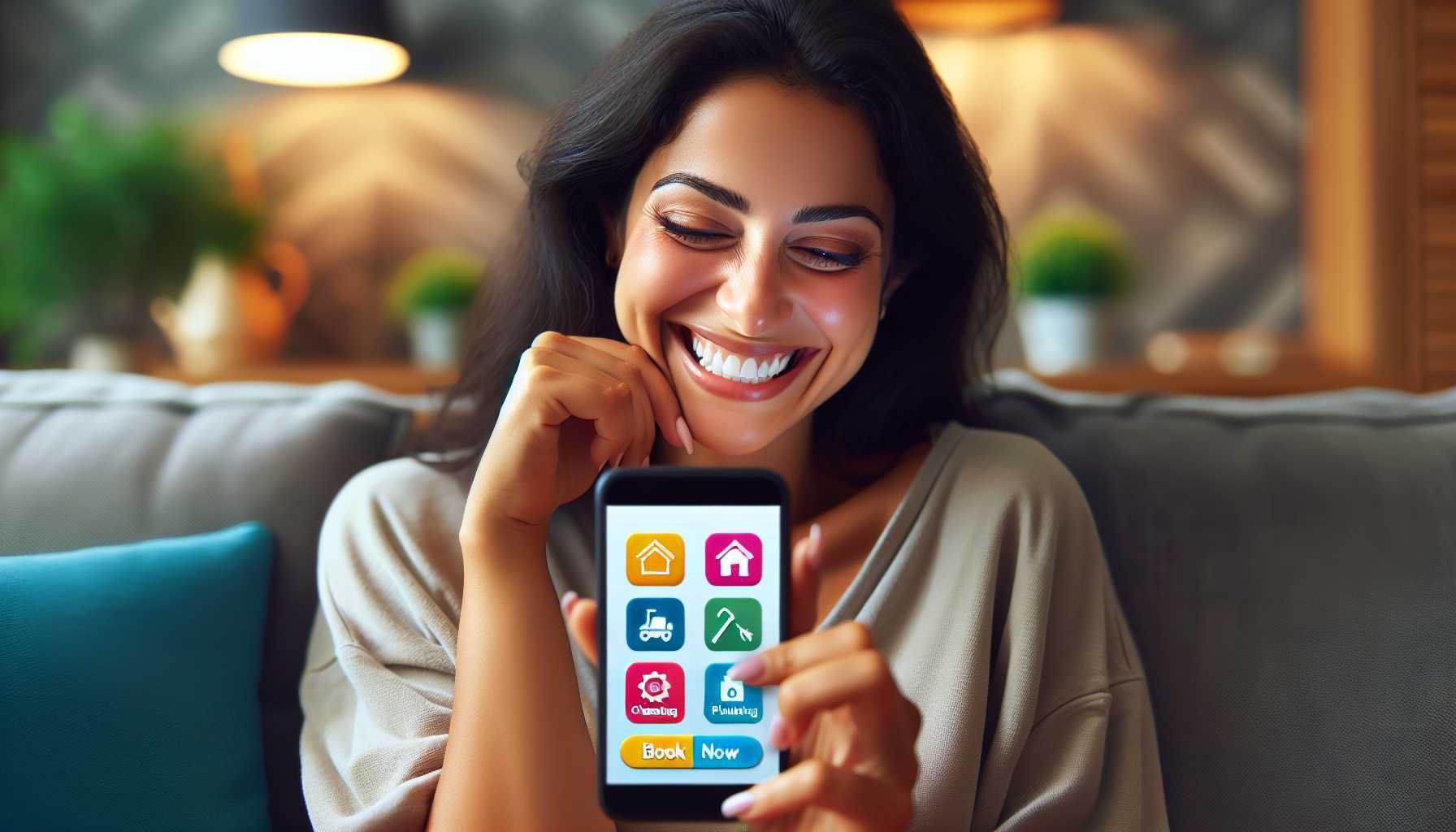 a happy person using a mobile app to book a home service