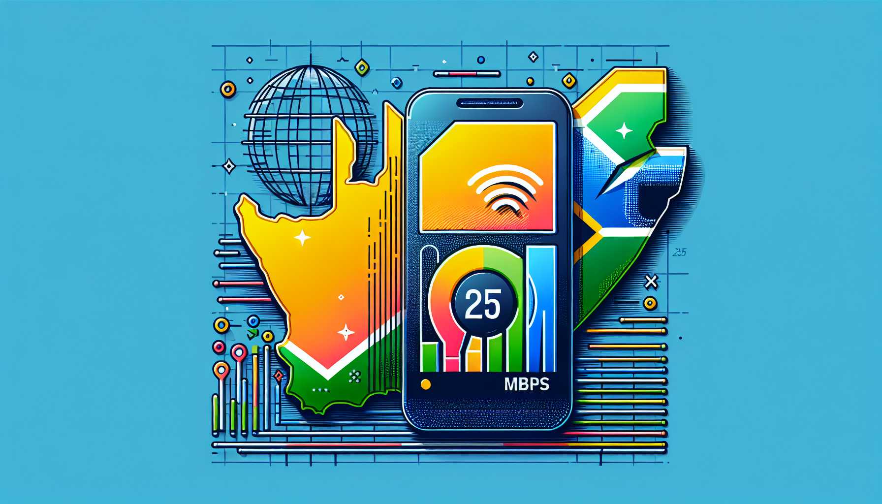 A map of South Africa with a mobile phone icon in the center and a download speed indicator showing 25 Mbps.