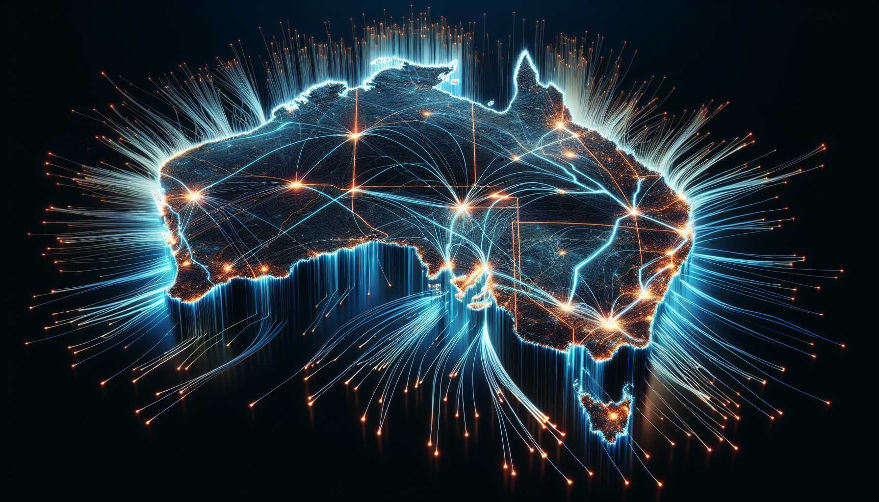 A map of Australia with major cities highlighted and connected by fiber optic cables