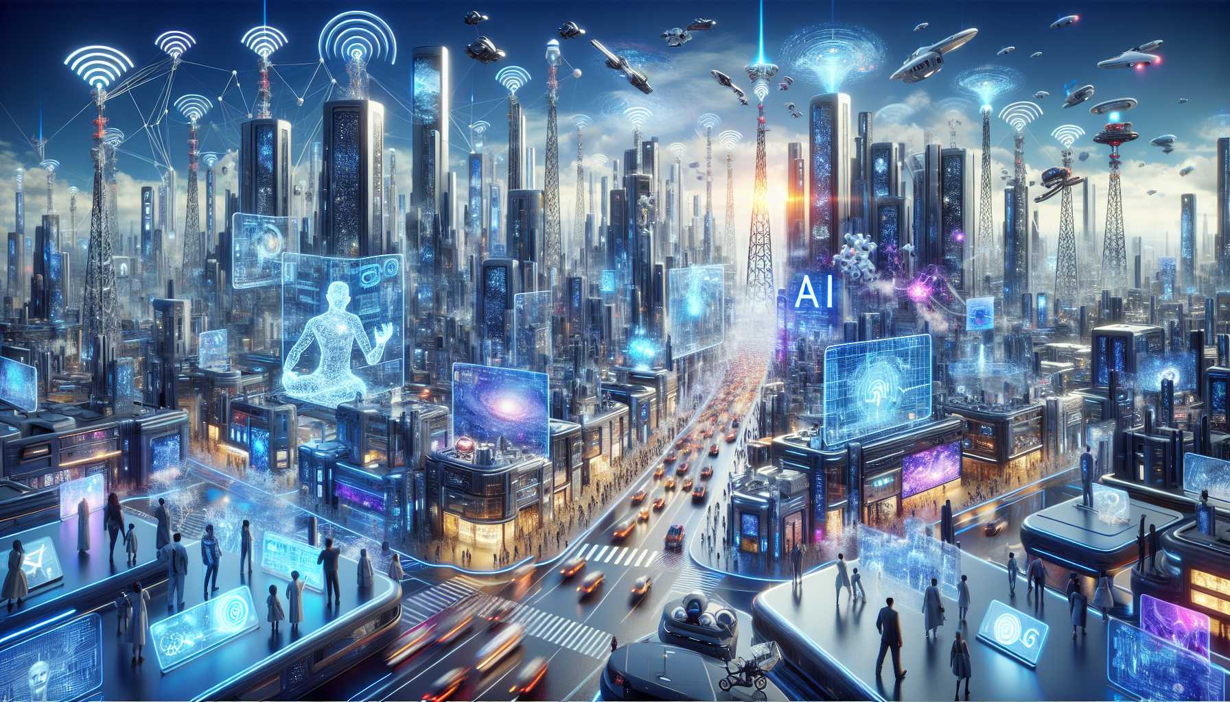 a futuristic city with AI and 5G elements