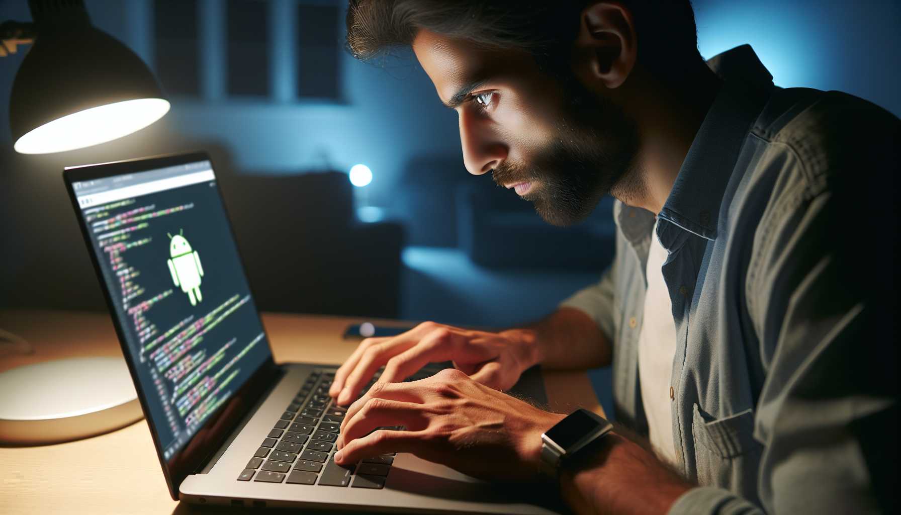 A developer coding on a laptop with the Android logo displayed on the screen