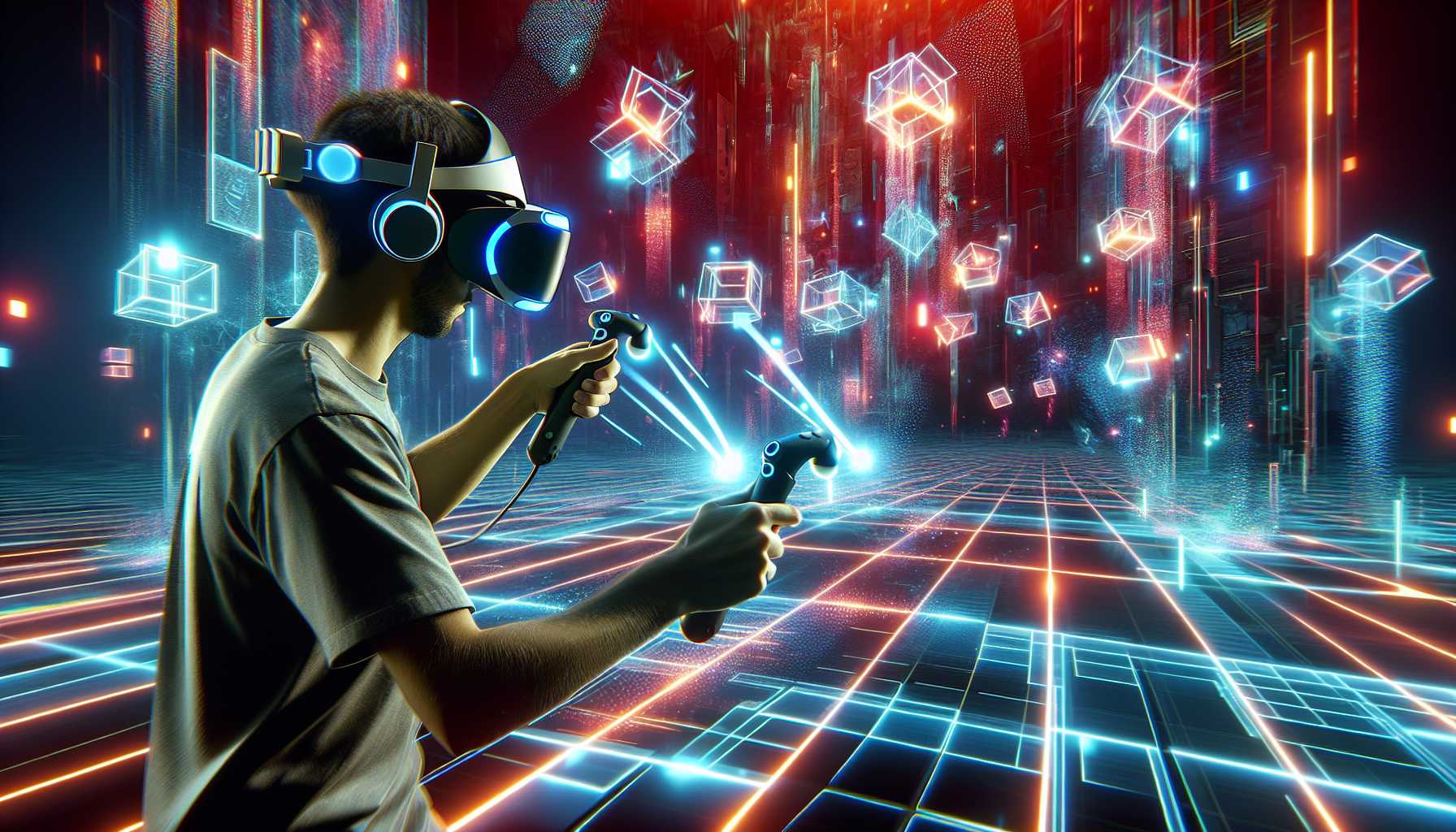 A person playing Beat Saber in a VR headset, with blocks flying towards them and a futuristic background.