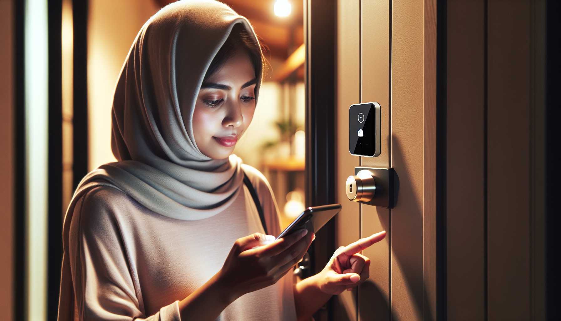 A person unlocking their front door with a smart lock on their phone