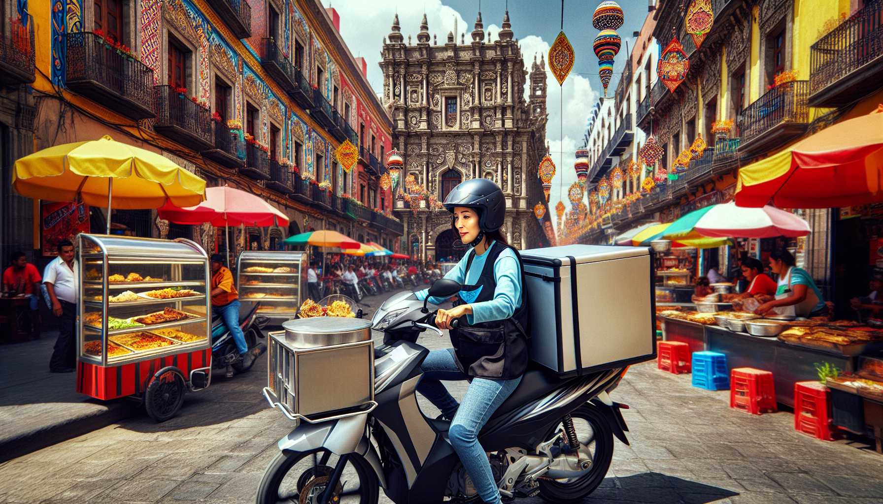 Delivery person on a motorbike delivering food in Mexico City