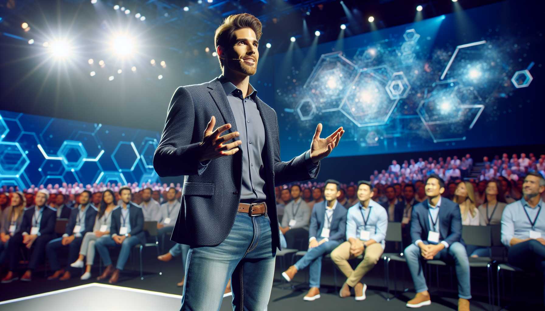 Marc Benioff giving a keynote at Dreamforce, with a captivated audience