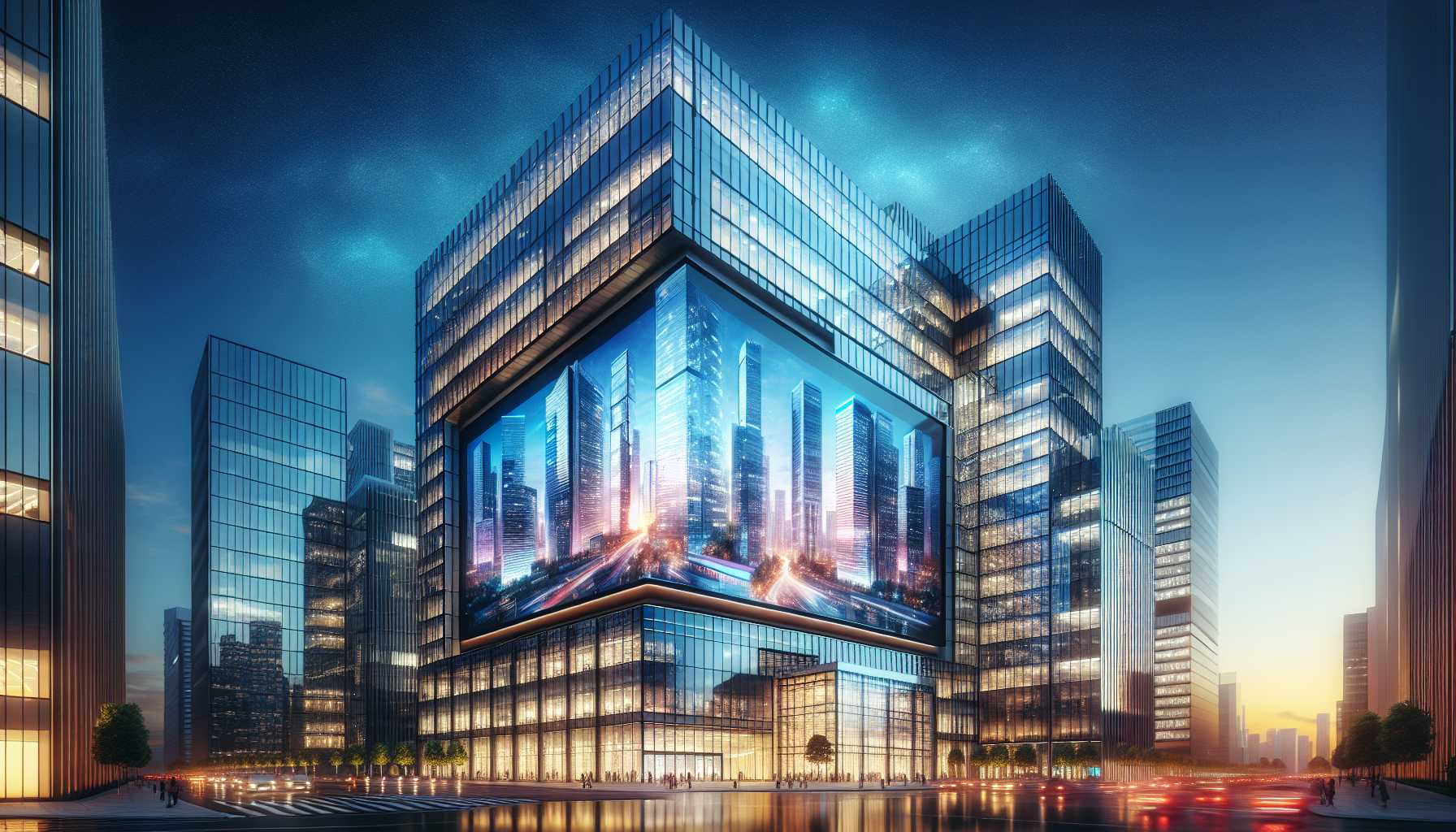 Modern office building with large screen displaying tech news headlines