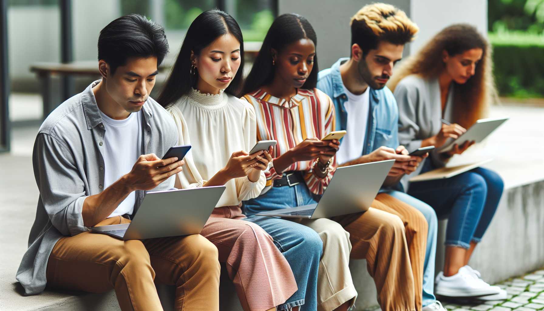 Group of people reading tech news on smartphones and laptops