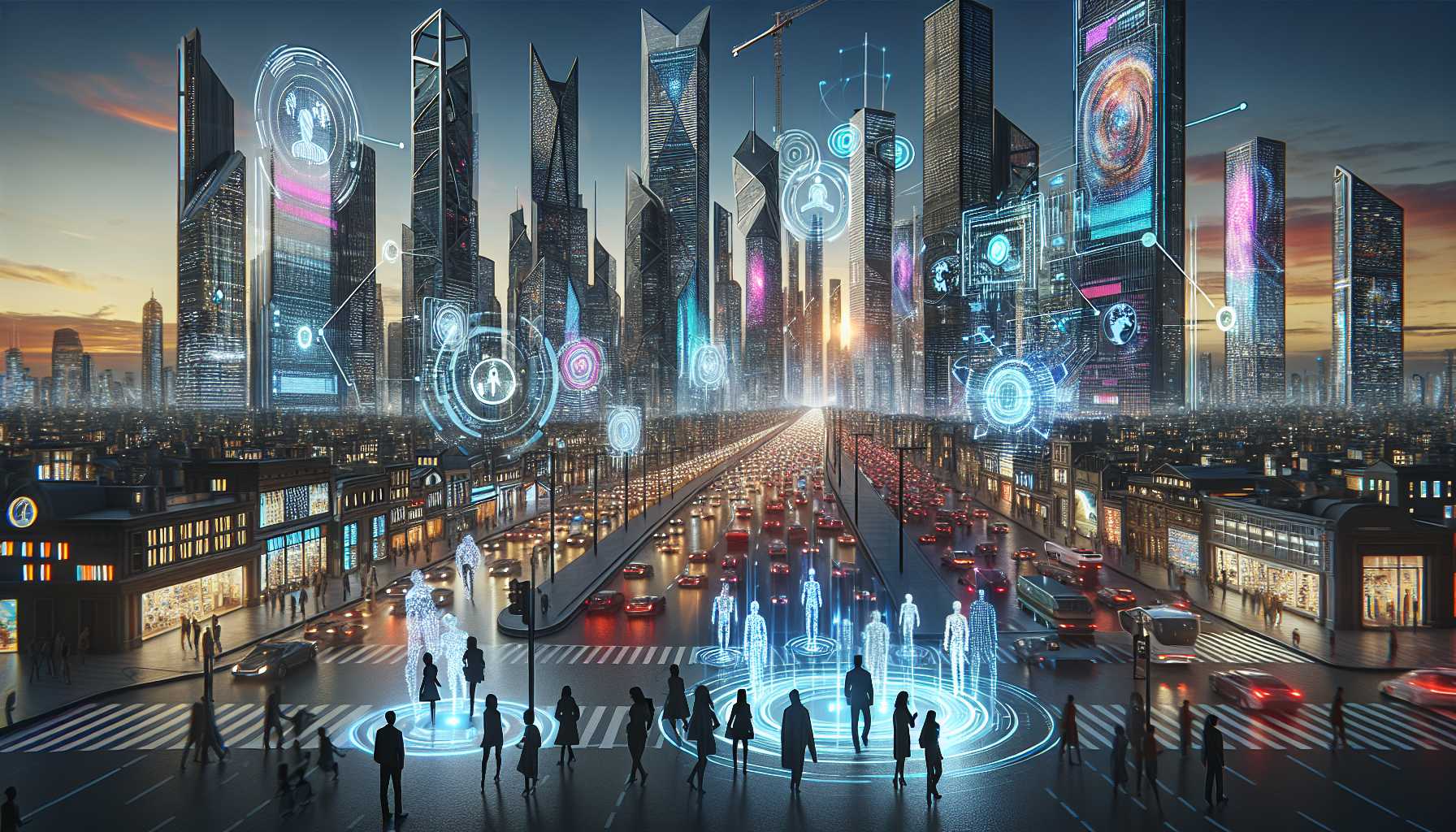 Futuristic cityscape with connected devices