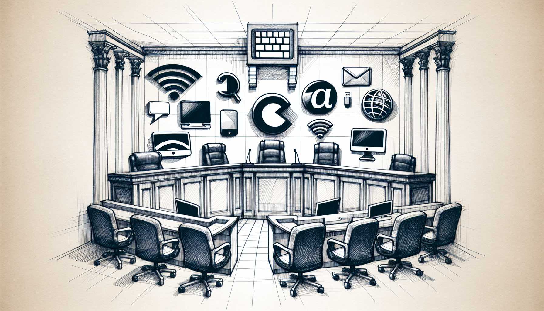 A courtroom scene with tech company logos