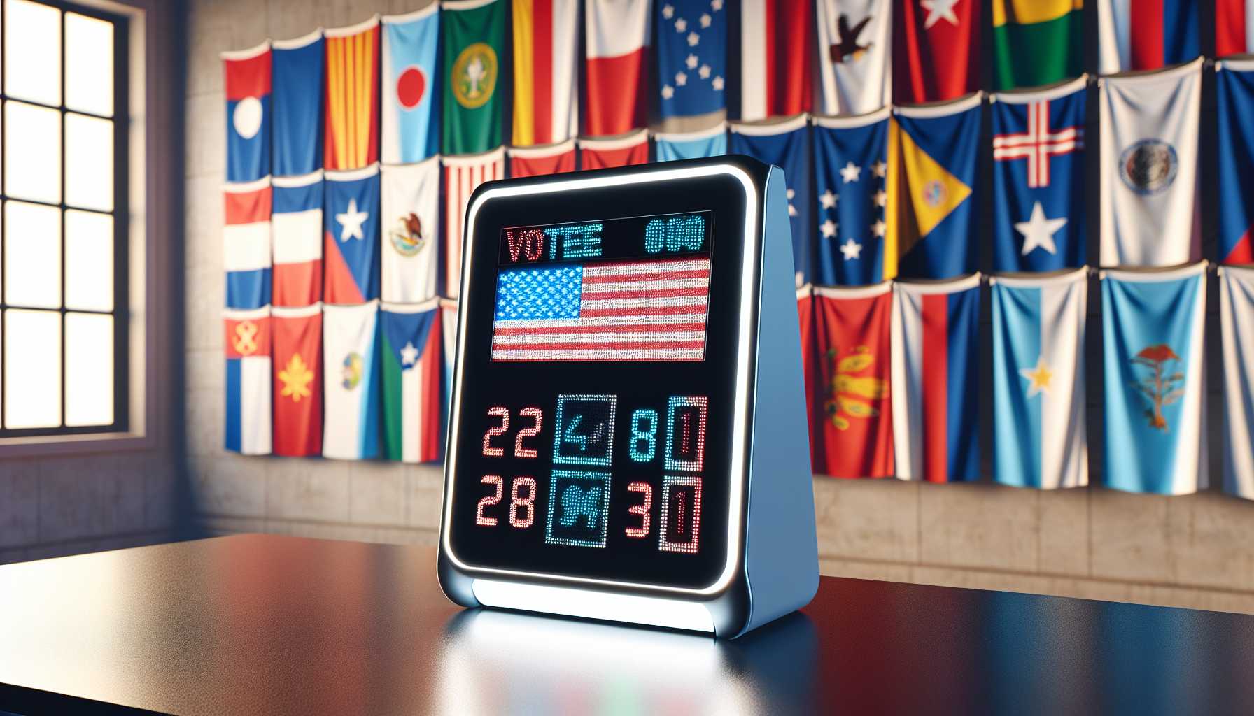 A digital vote counter displaying state flags