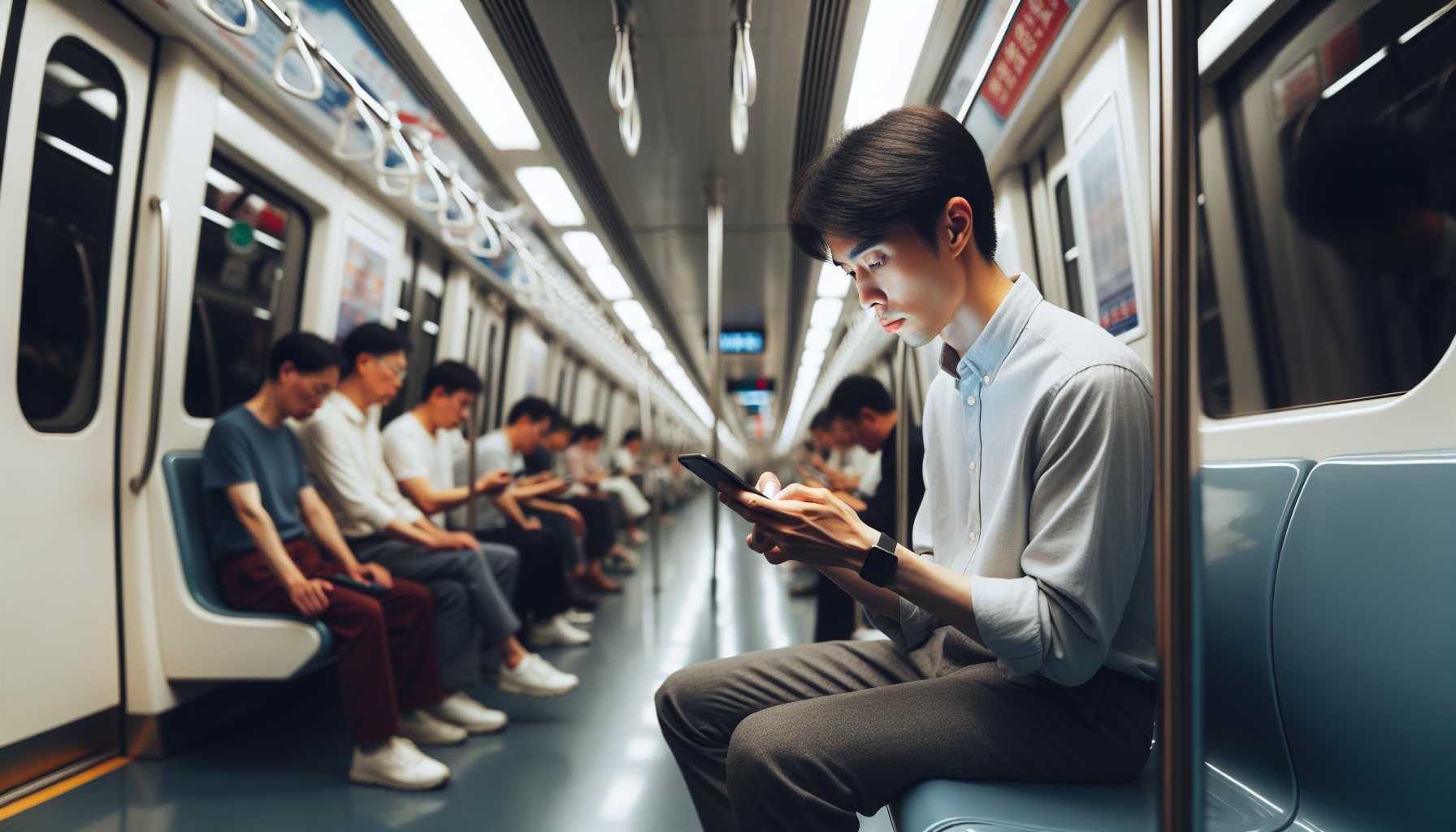 A person in China using their smartphone on the subway