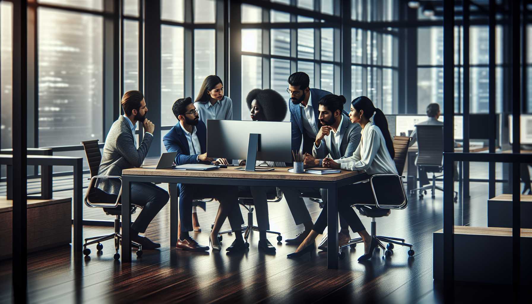 A group of people working together on a computer in a modern office