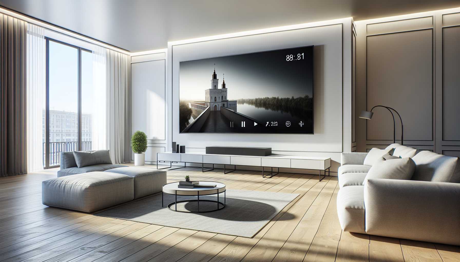 A modern living room in Moscow with a large smart TV mounted on the wall, a comfortable sofa, and a coffee table. The room is well-lit and has a clean, minimalist design.