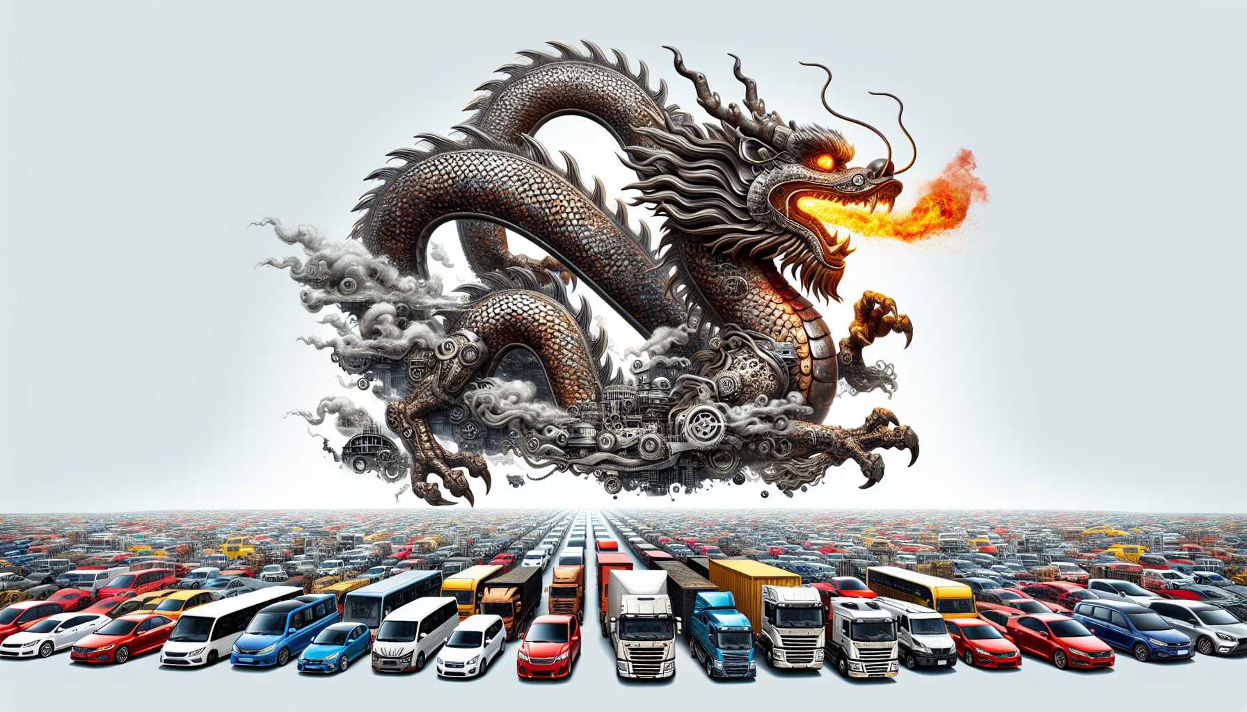 a dragon symbolizing China's manufacturing might looming over cars