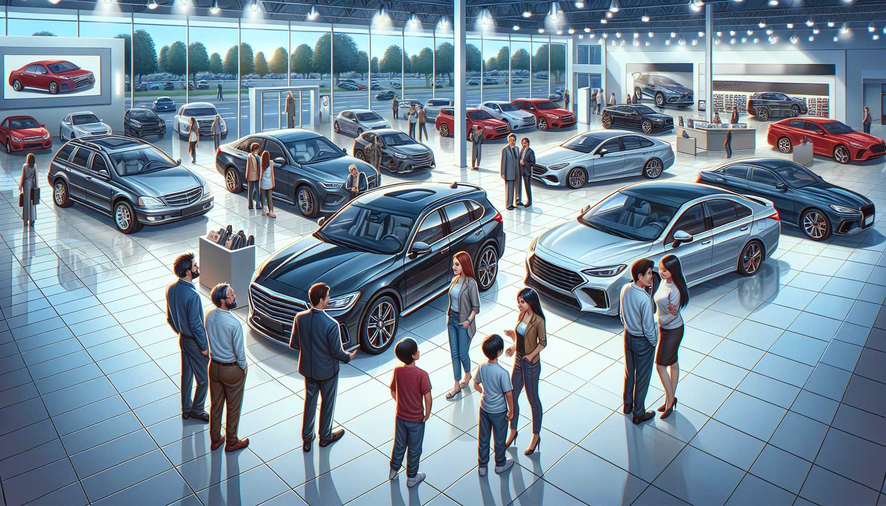 an auto retail showroom with happy customers