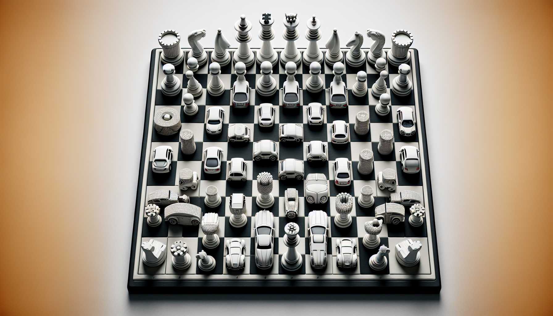 a chessboard with car pieces